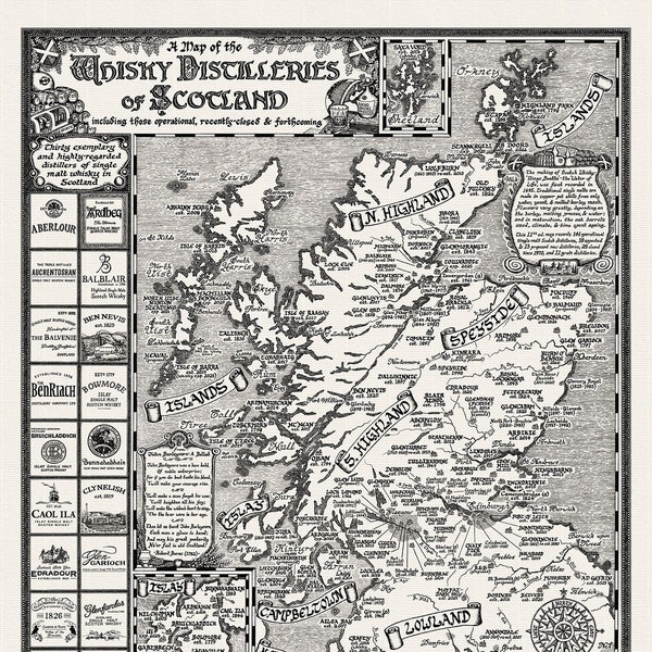 Handgezeichnete Schottland Whisky Landkarte • Fine Art Print von ManuScript Maps