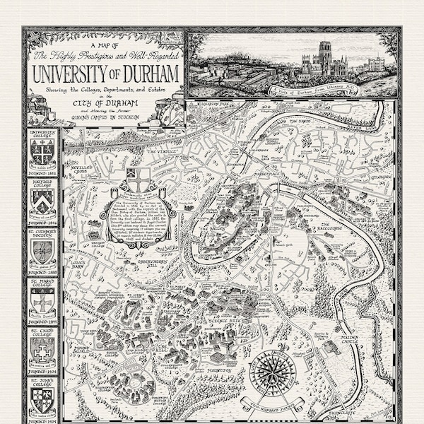 Handgezeichnete Durham Universität Karte • Fine Art Print von ManuScript Maps