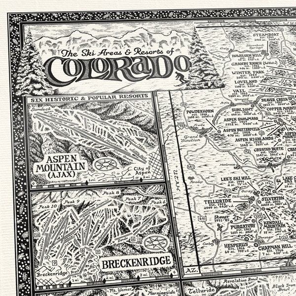 Cartina sciistica del Colorado disegnata a mano • Stampa artistica di Manuscript Maps