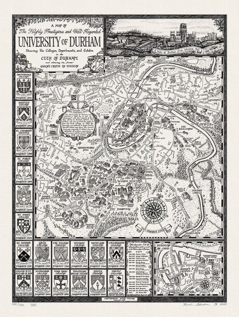 Hand-drawn Durham University Map Fine Art Print by Manuscript Maps image 1