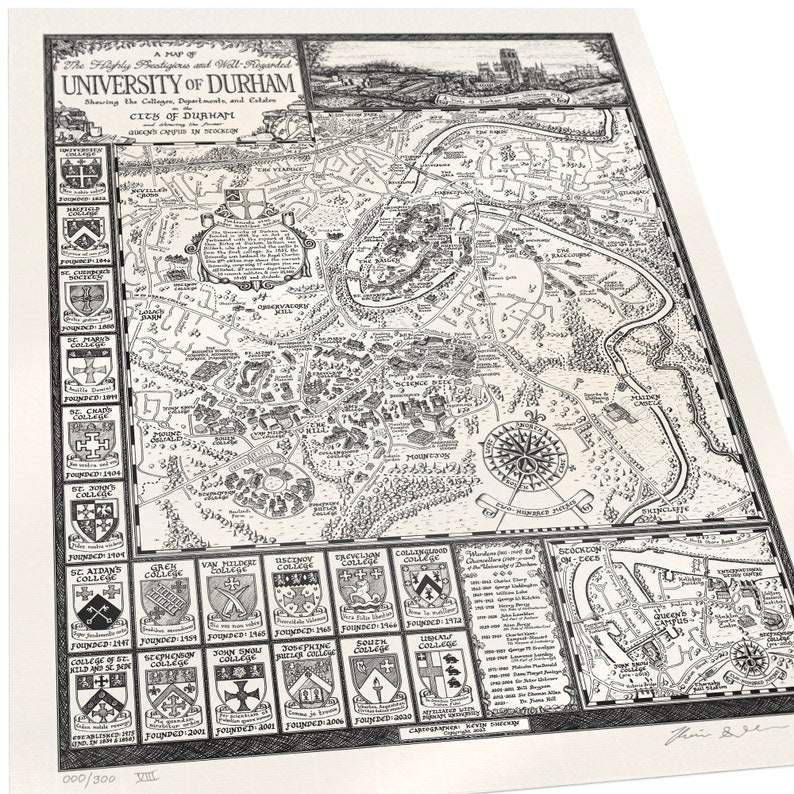 Hand-drawn Durham University Map Fine Art Print by Manuscript Maps Print- worldwide