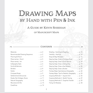 May include: A book page titled Drawing Maps by Hand with Pen & Ink, a guide by Kevin Sheehan of Manuscript Maps. The page displays a table of contents listing chapters from Materials on page 2 to Fixing Ink Mistakes on page 30, with page 1 at the bottom.