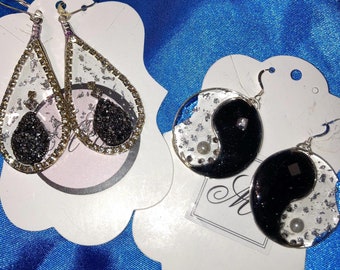 Ying Yang Earrings: Sterling Silver Hoop, Resin Rhinestone Earrings