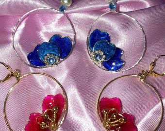 Handmade Cherry Blossom Hoop Earrings, Sterling Silver Hooks-