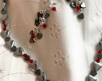 Silver Heart Necklace Set: Hematite & Red Crystal Jewelry, Handmade