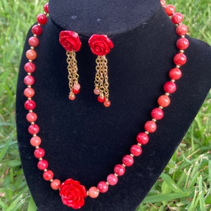 Red Quartz Necklace Set: Gold Plated Rose Jewelry