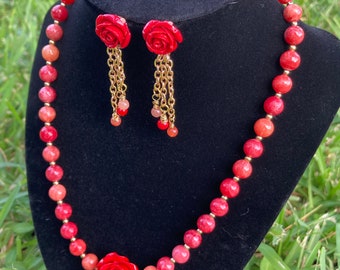 Red Quartz Necklace Set: Gold Plated Rose Jewelry