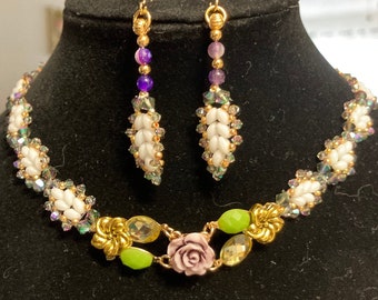 Crystal Rose Necklace & Earrings Set: Gold Plated Wedding Jewelry