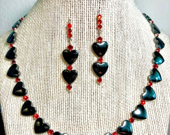 Hematite Heart Necklace Set: Sterling Silver Finish, Rhinestone Accents