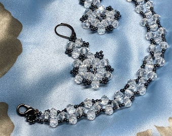 Handmade Crystal Beaded Jewelry Set: Navy & Clear Bracelet, Earrings