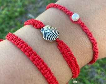 Red Macrame Bracelet Set with Initial Charm - Adjustable
