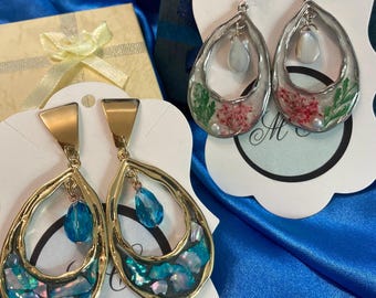 Handmade Resin Dangle Earrings: Shell Flakes or Flower - Silverplated or Goldplated