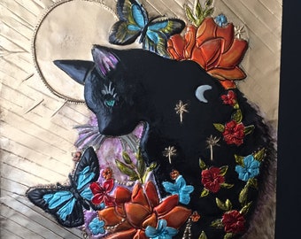 Cat Picture embossed, Handmade Aluminum Art, Floral Decor, Wall decor