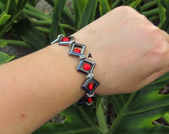 Square Hematite Bracelet with Red Glass Hearts, Protective Jewelry