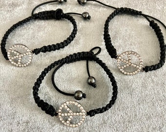 Black Macrame Peace Sign Bracelet: Rhinestone Silver Finish
