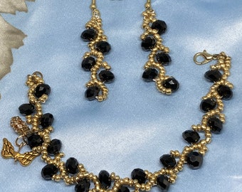Handmade Beaded Angel Charm Bracelet and Earrings Set, Black Crystals