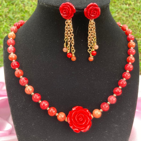 Necklace Set/ Rose Necklace/Quartz set/Collar de piedras de Cuarzo/Collar y pendientes