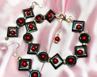 Handmade Hematite Bracelet and Earrings Set with Rouge Pearls