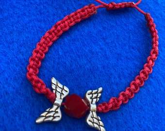 Red Macramé Bracelet with Angel Wings Charm - Protection Jewelry-