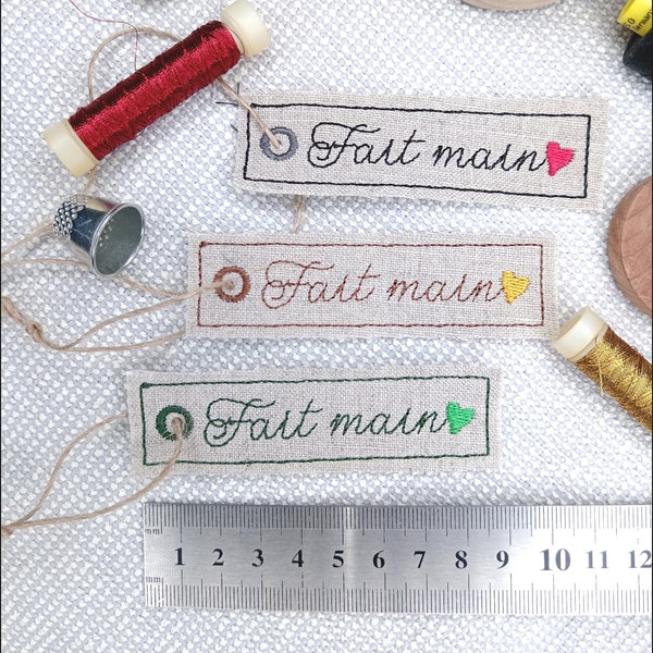 Machine embroidery design in the hoop handmade hanging tag. Digital file. Fait main. Étiquettes à coudre "fait main". 4 inch hoop.10 cm hoop