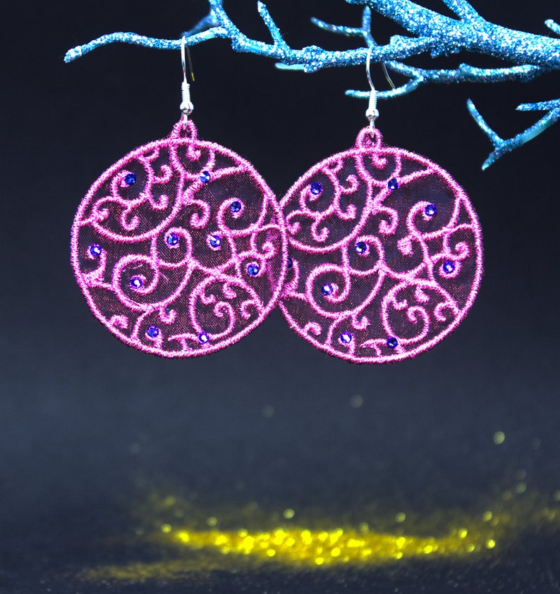 FSL Organza. Free Standing Lace Embroidery Earring Design. Digital