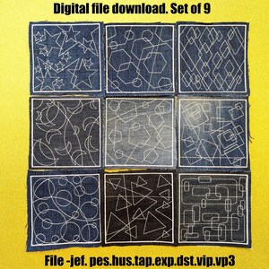 Könnte beinhalten: Neun Jeansstoffquadrate mit weißen, gestickten geometrischen Mustern, darunter Sterne, Sechsecke und abstrakte Formen. Der Text "Digital file download. Set of 9" und "File - jef. pes.hus.tap.exp.dst.vip.vp3" sind sichtbar.