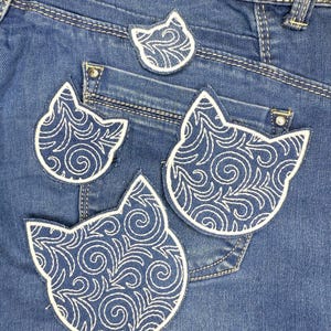 刺し子ボロキルティング 猫の顔 機械刺繍ファイルデザイン 4 x 4 インチフープ。 4 つのサイズ。 刺し子ジーンズパッチ刺繍ファイル。 デジタルファイル。
