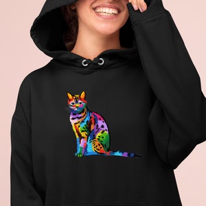 Puede incluir: Una sudadera con capucha negra con una ilustración colorida de un gato en la parte delantera. El gato está sentado con la cola enroscada alrededor de sus patas. El gato está hecho de diferentes colores, incluyendo rojo, naranja, amarillo, verde, azul y morado.
