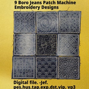Set van 9 boro jeans patches quilten vierkante machineborduurontwerpen bestanden. 4 x 4 inch hoepel. Digitaal bestand downloaden.