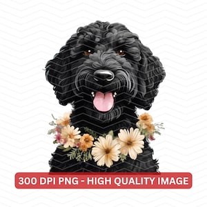 Doodle noir portant un collier de fleurs PNG, Goldendoodle noir avec fleurs PNG, téléchargement numérique printemps Labradoodle noir