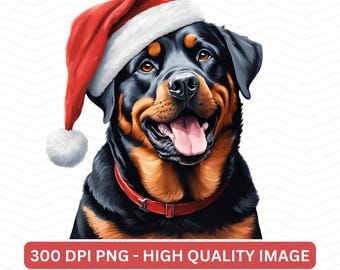 May include: A digital illustration of a Rottweiler dog wearing a red Santa hat and collar. The dog has a black coat with brown markings and a pink tongue. The image includes the text "300 DPI PNG - HIGH QUALITY IMAGE".