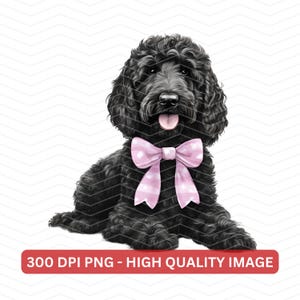 Doodle nero con fiocco rosa PNG, Goldendoodle nero con fiocco Coquette PNG, Labradoodle nero primavera download digitale