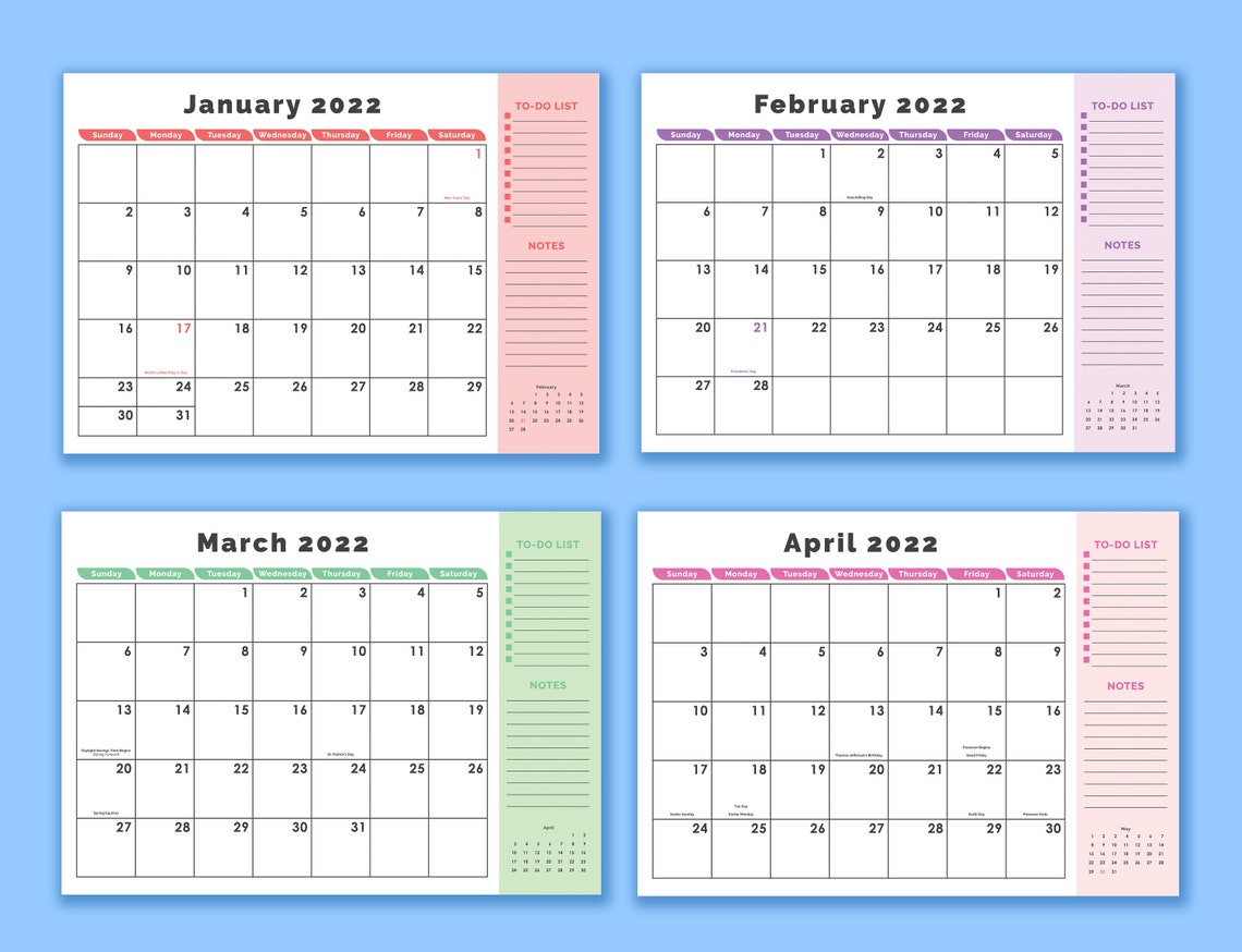 printable 2022 12 month calendar with holidays instant etsy