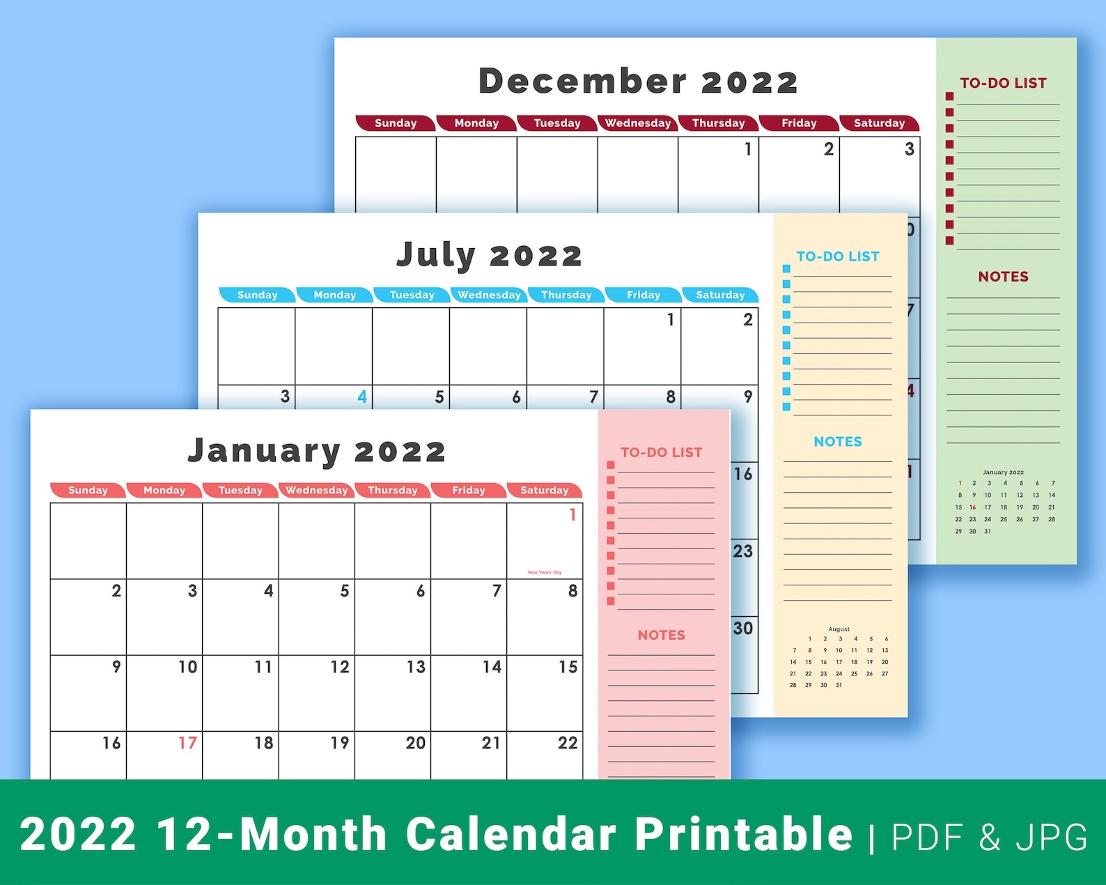 printable 2022 12 month calendar with holidays instant etsy