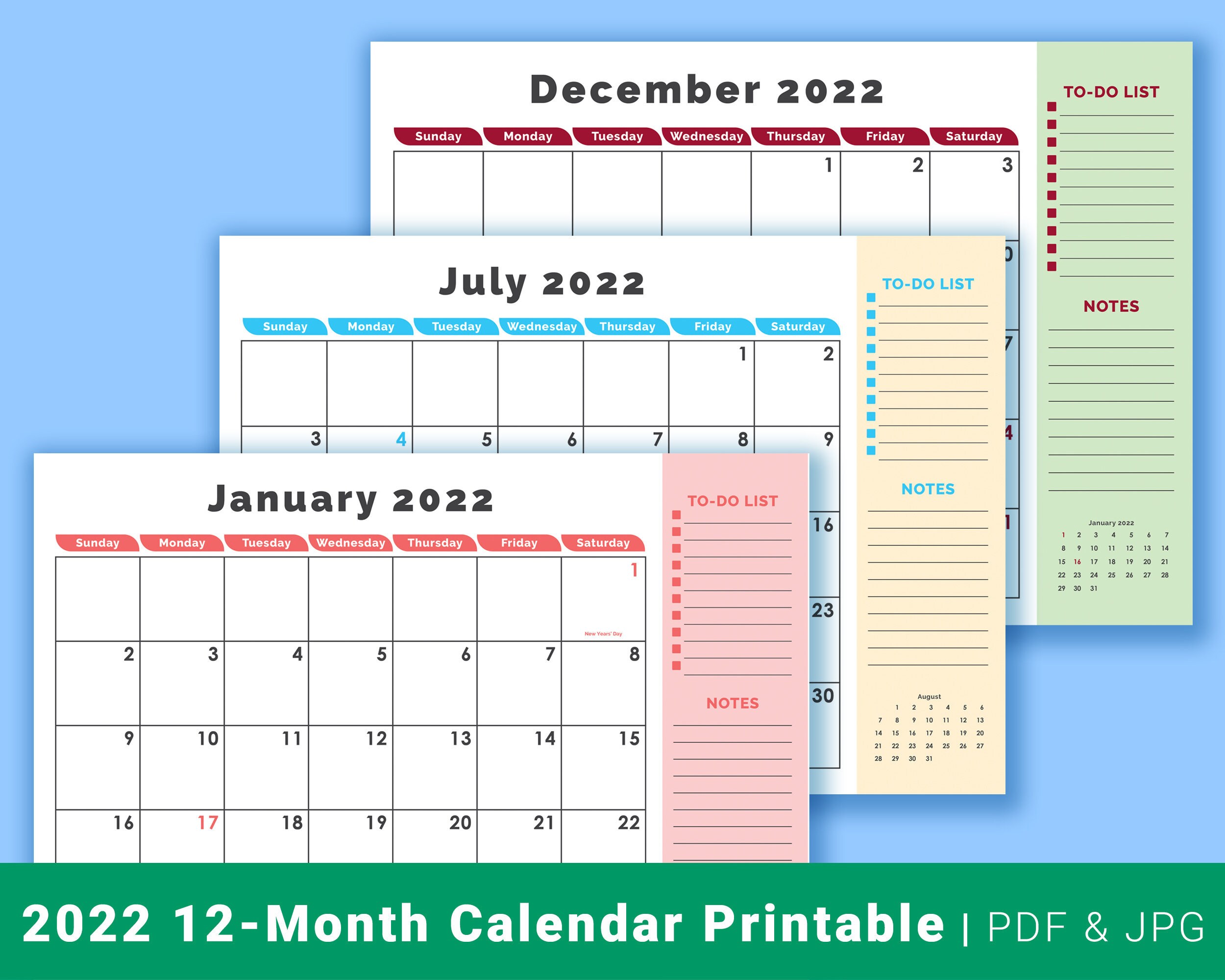 PRINTABLE 2022 12-Month Calendar with Holidays Instant | Etsy