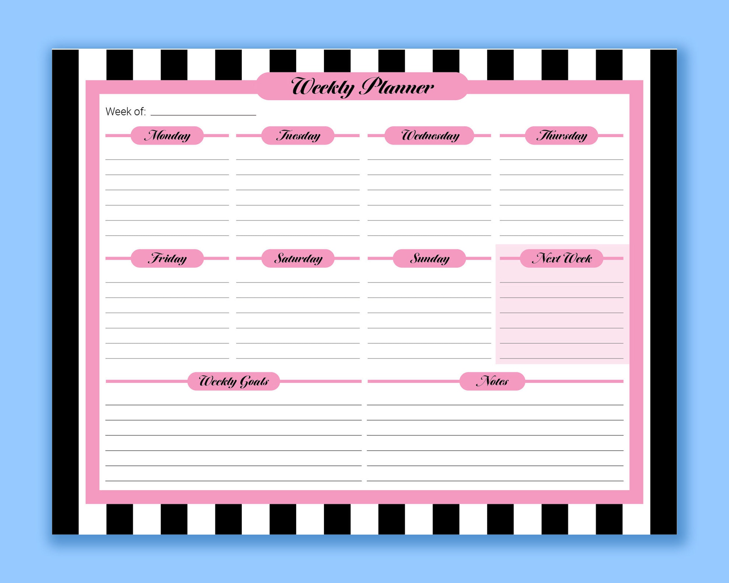 PRINTABLE Weekly Planner, Black and White Stripes With Pink Border ...