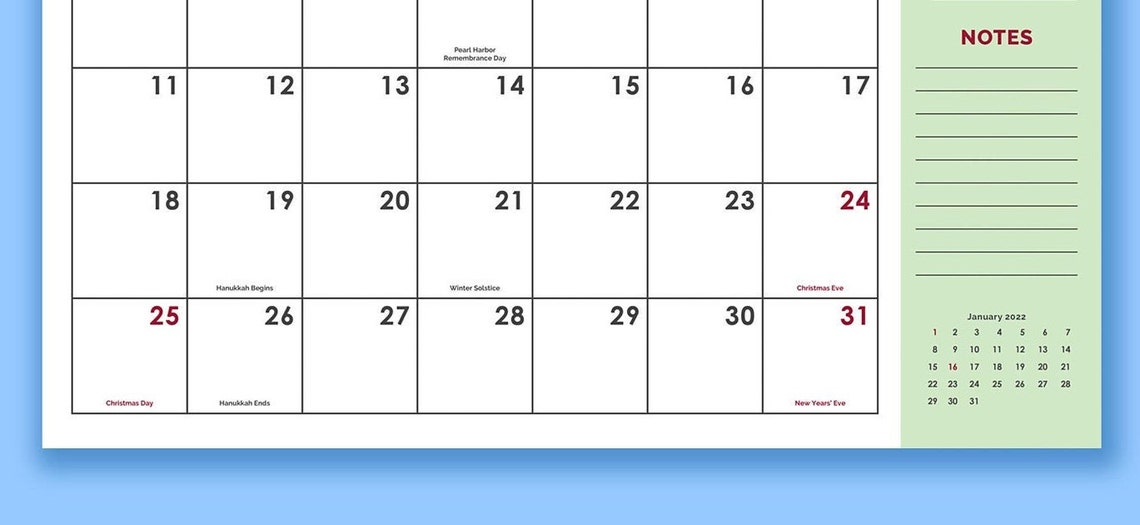 printable 2022 12 month calendar with holidays instant etsy