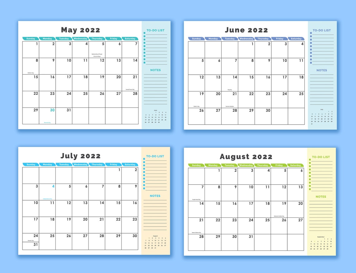 PRINTABLE 2022 12-month Calendar With Holidays Instant - Etsy Australia