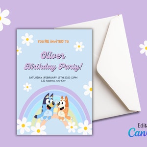 Invito di compleanno Bluey, Bluey e Bingo, Invito stampabile, Modello modificabile, Arcobaleno, Fiori Daysis, Canva