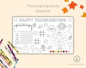 Thanksgiving Coloring Placemat, Coloring Activity, Thanksgiving Activity, kids Coloring Placemat, Instant Download