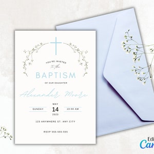 Boy Baptism, Baptism Invitation, Baby Breath Flower, Editable, Canva