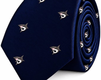 SHARK SKINNY TIE | Navy Blue Shark Necktie, Ocean Lover Gift, Marine Life Tie, Shark Lover Gift for Men, Nautical Wedding Tie, Sea Life Gift