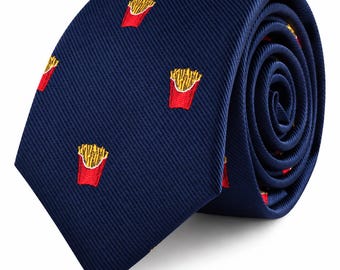 FRIES SKINNY TIE | Navy Blue Food Necktie for Men, Funny Fast-Food Tie, Novelty Fries Tie, Foodie Gift, Birthday Gift for Him