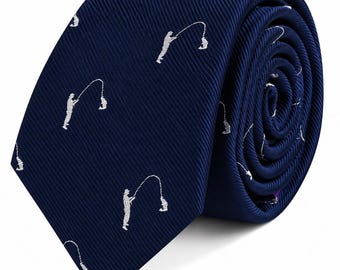 Fisherman Skinny Tie – Fishing Slim Necktie with Angler and Fishing Rod Design, Unique Gift for Fishermen, Dad and Fishing Lovers Gift Him