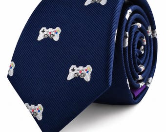 Game Controller Skinny Tie – Navy Blue Gaming Necktie for Men, Gamer Gift, Video Game Tie, Gaming Accessories, Gift for Him