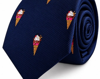 Ice Cream Skinny Tie, Navy Blue Dessert Necktie, Fun Ice Cream Cone Tie, Sweet Treat Tie, Foodie Gift for Men, Birthday Gift