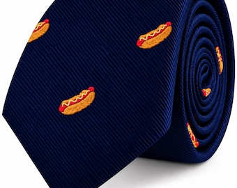 Hotdog Skinny Tie, Navy Blue Food Necktie, Funny Hotdog Tie, BBQ Food Tie, Novelty Tie for Men, Foodie Gift, Father’s Day Gift