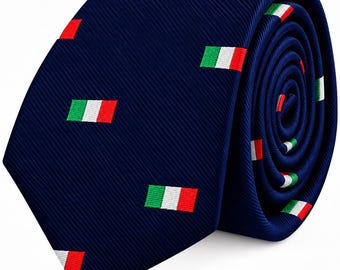Mexican Italian Flag Skinny Tie – Navy Blue Tricolor Flag Necktie, Patriotic Men’s Tie, Unique Gift for Him, Italy Mexico Style
