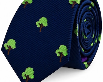 TREE SKINNY TIE – Navy Blue Necktie Embroidered Green Tree Motifs, Nature Inspired Novelty Tie for Weddings, Business, Office, Casual Wear
