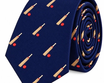 Cricket and Bat Skinny Tie | Sports Necktie for Cricket Fans, Players & Coaches | Unique Cricket Gift for Men, Dad, Husband and Groomsmen